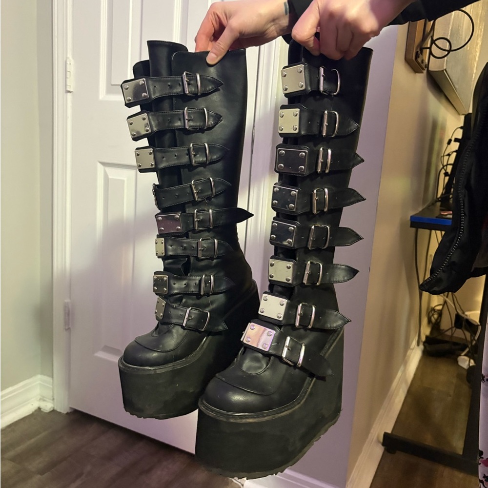 Demonia Black Multi-Buckle Platform Boots - image 1